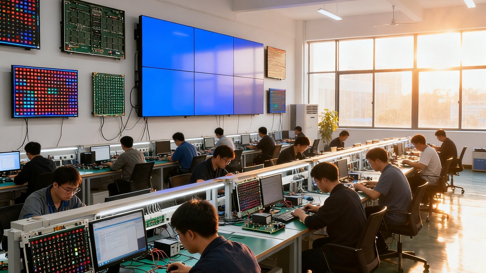 OG视讯深圳总部开放式办公区，数十位工程师在宽大的工作台前调试LED显示模组，墙上挂着多块不同规格的液晶拼接屏进行老化测试，阳光透过落地窗洒在工作区，展现专业而充满活力的研发氛围