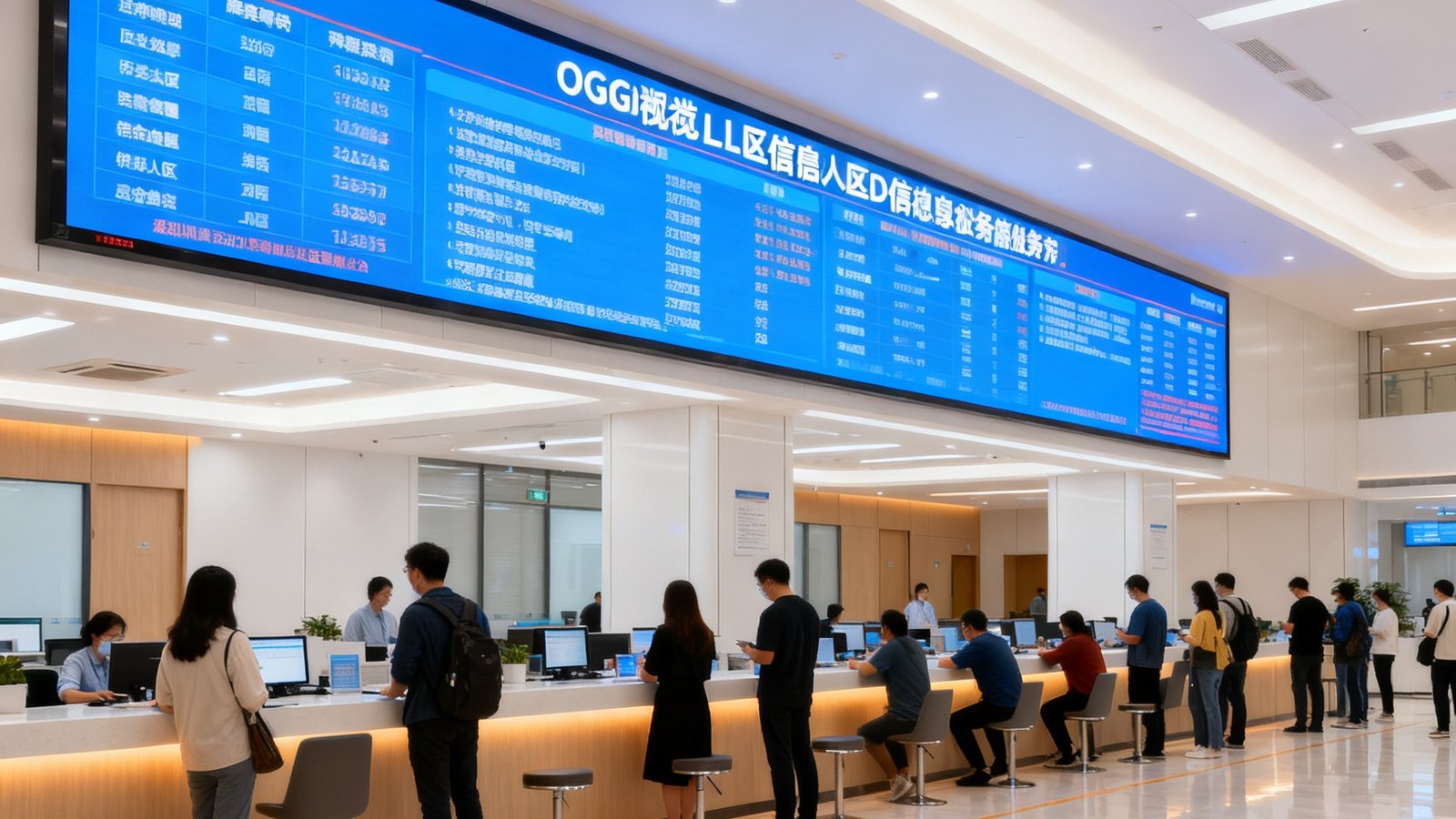 深圳南山区政务大厅新安装的OG视讯LED信息发布屏全景照片，屏幕明亮清晰，大厅内市民有序排队