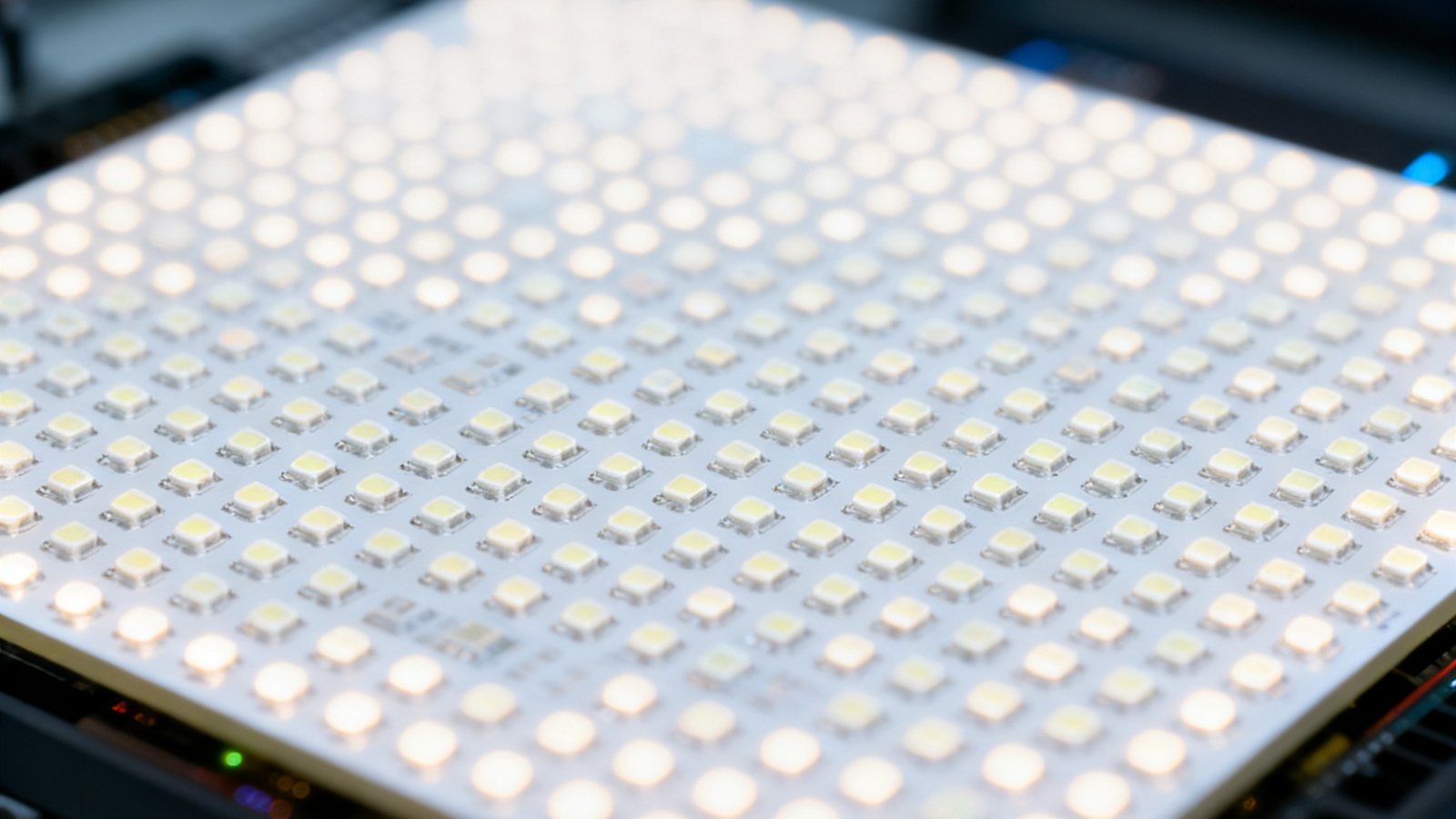 OG视讯研发实验室中正在测试的Mini LED COB封装模组特写，微小的LED芯片密集排列在基板上，发出均匀柔和的光芒