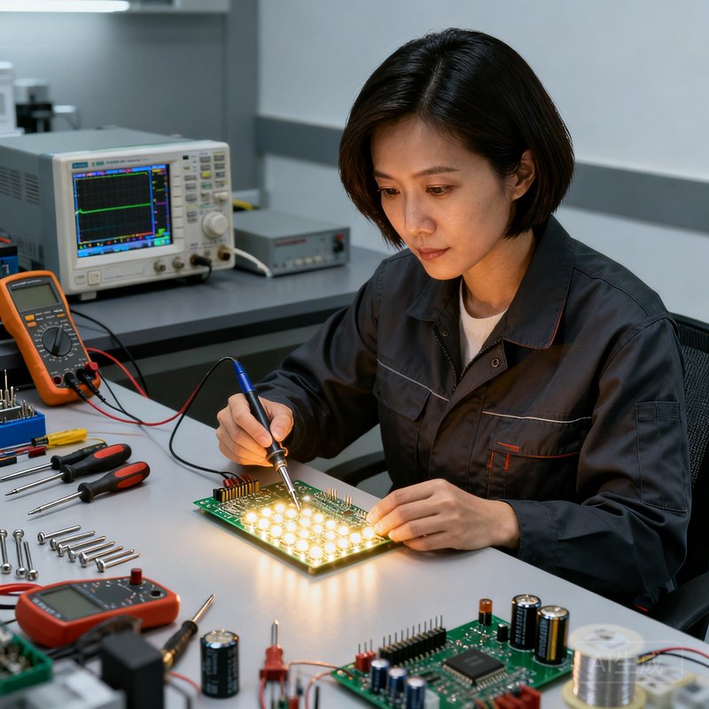 OG视讯首席技术官的工作照，一位三十多岁的女性工程师，留着干练的短发，正在实验室用示波器测试LED驱动电路板，周围工作台上摆放着各种电子元器件和测试设备
