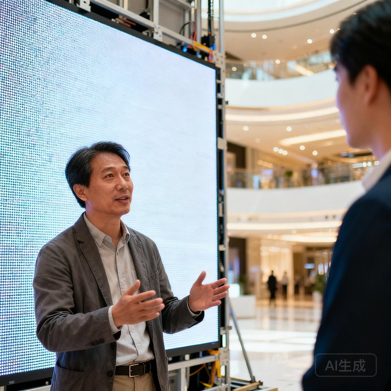 OG视讯销售副总裁在客户项目现场的半身照，一位四十岁左右的男士，穿着休闲商务装，正站在一块安装完成的LED大屏前与客户交流，背景是商场中庭的明亮空间