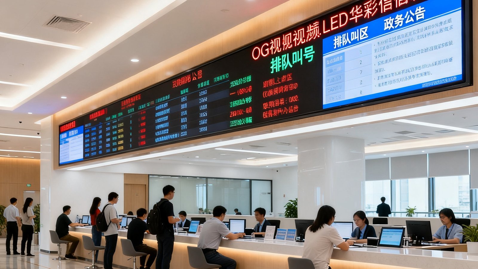 深圳南山区政务服务中心大厅内景，OG视讯LED全彩信息发布屏嵌入在服务台上方，清晰展示着排队叫号和政务公告信息，市民在明亮整洁的大厅中有序等候办理业务